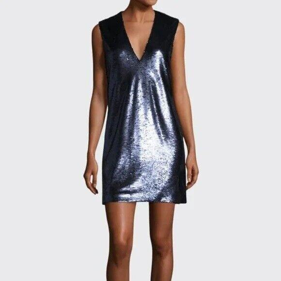 Elizabeth & James Dress Womens 0 NEW Wesley Flip Sequin V-Neck Shift Blue Black - Picture 3 of 10